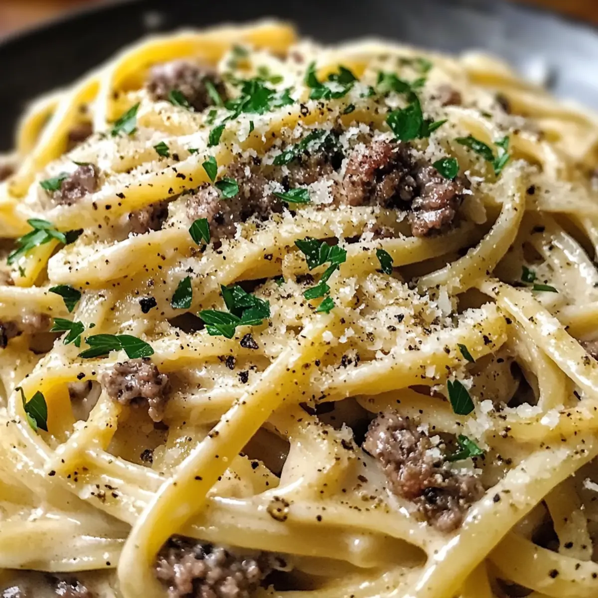 Cremige Parmesan Rinder-Linguine mit Knoblauch-Buttersoße