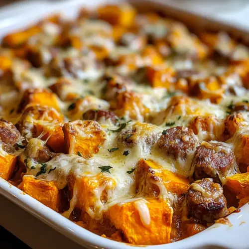 Süßkartoffel- und Würstchenauflauf