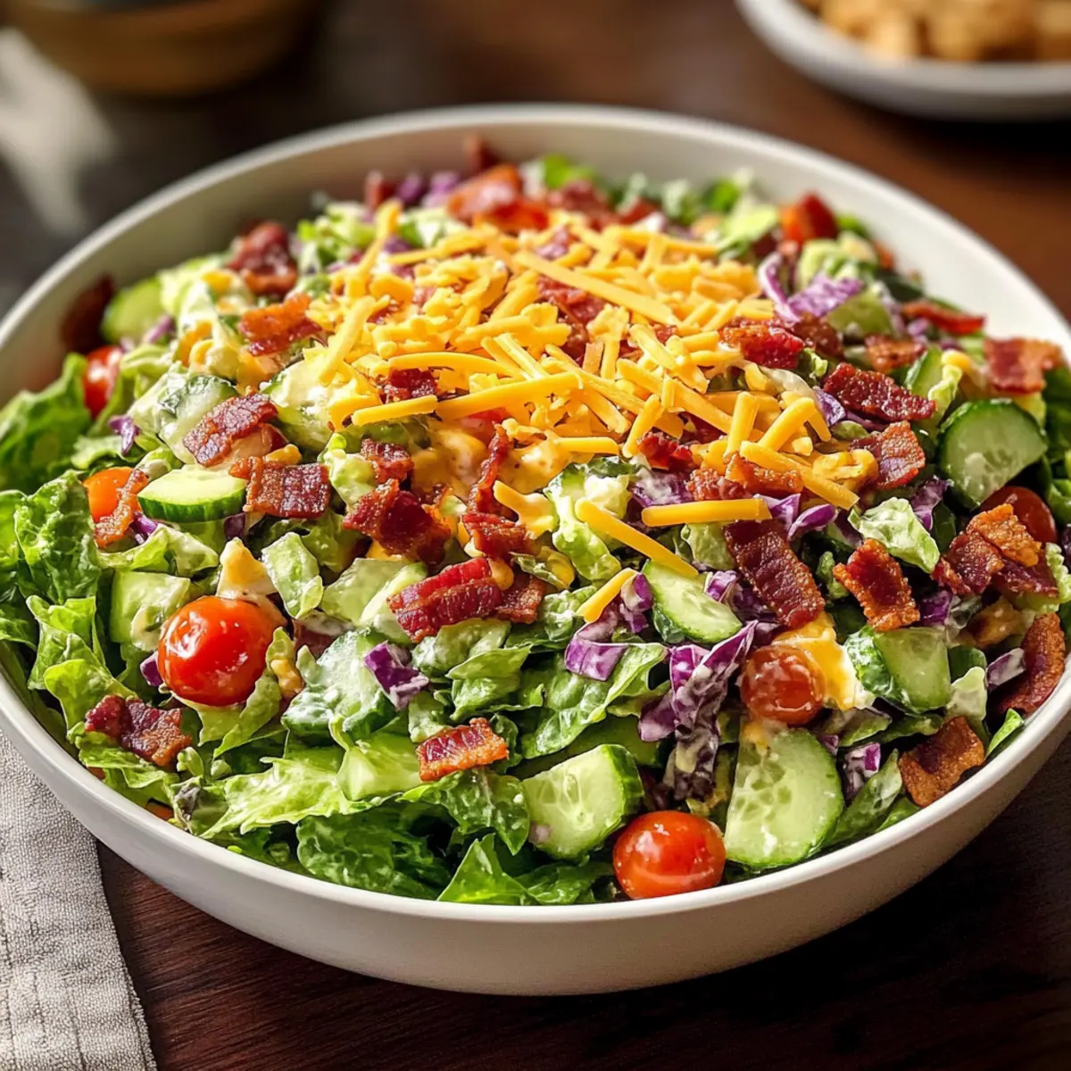 Ruths Chris Gehackter Salat Rezept Zutaten: - 1 Kopf romaine Salat, gehackt - 1 Kopf Eisbergsalat, gehackt - 1/2 Tasse Kirschtomaten, halbiert - 1/4 Tasse rote Zwiebel, gehackt - 1/4 Tasse Blauschimmelkäse, zerbröselt - 1/4 Tasse Speck, gebraten und zerbröckelt - 1/4 Tasse grüne Paprika, gehackt - 1/4 Tasse Karotten, geraspelt - 1/4 Tasse Oliven, in Scheiben geschnitten Dressing: - 1/2 Tasse Mayonnaise - 1/4 Tasse saure Sahne - 1 Esslöffel Zitronensaft - 1 Teelöffel Worcestershire-Sauce - Salz und Pfeffer nach Geschmack Zubereitung: 1. In einer großen Schüssel romaine und Eisbergsalat kombinieren. 2. Tomaten, Zwiebel, Blauschimmelkäse, Speck, grüne Paprika und Karotten hinzufügen. 3. In einer separaten Schüssel Mayonnaise, saure Sahne, Zitronensaft und Worcestershire-Sauce vermischen. Mit Salz und Pfeffer abschmecken. 4. Das Dressing über den Salat geben und gut vermengen. 5. Sofort servieren.