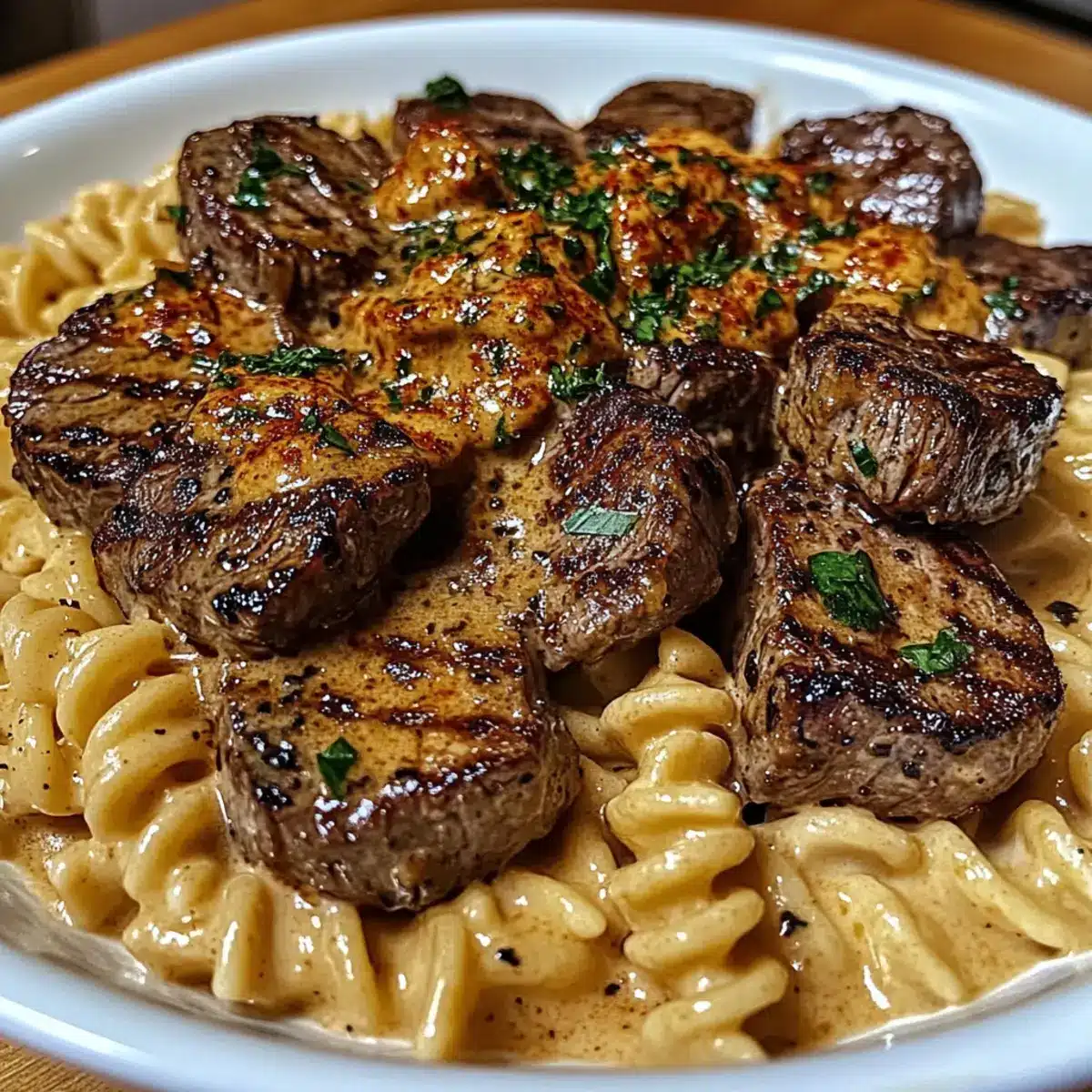 Cremige Knoblauchbutter Steakstückchen mit würziger Cajun Alfredo gedrehten Nudeln