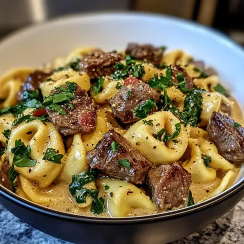 Cremige toskanische Spinat- und Steakbissen-Tortellini Rezept