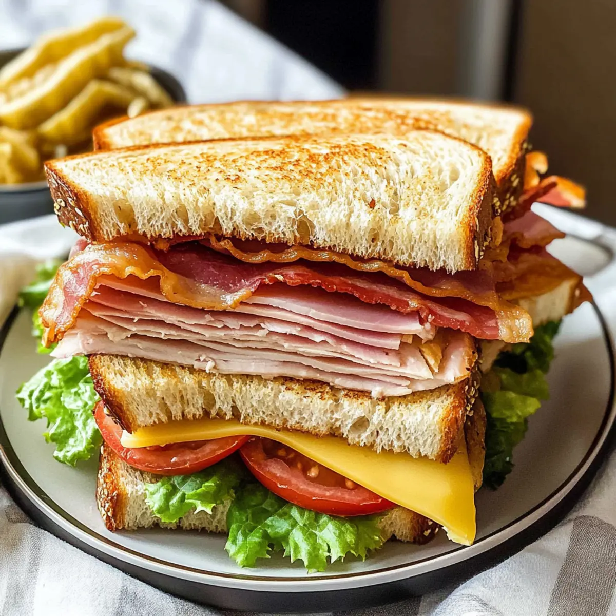Club-Sandwich-Rezept Zutaten: - 3 Scheiben Toastbrot - 2 Scheiben Hähnchenbrust - 2 Scheiben Speck - 1 Scheibe Käse - 2 Blätter Kopfsalat - 2 Scheiben Tomate - Mayonnaise Anleitung: 1. Toasten Sie die Scheiben Brot. 2. Braten Sie den Speck knusprig. 3. Legen Sie eine Scheibe Brot auf einen Teller. 4. Bestreichen Sie mit Mayonnaise. 5. Fügen Sie Hähnchenbrust, Speck, Käse, Salat und Tomate hinzu. 6. Decken Sie mit einer weiteren Scheibe Brot ab. 7. Wiederholen Sie den Vorgang mit Mayonnaise, Hähnchenbrust, Speck, Käse, Salat und Tomate. 8. Beenden Sie mit der letzten Scheibe Brot. 9. Schneiden Sie das Sandwich in Viertel. 10. Servieren und genießen.