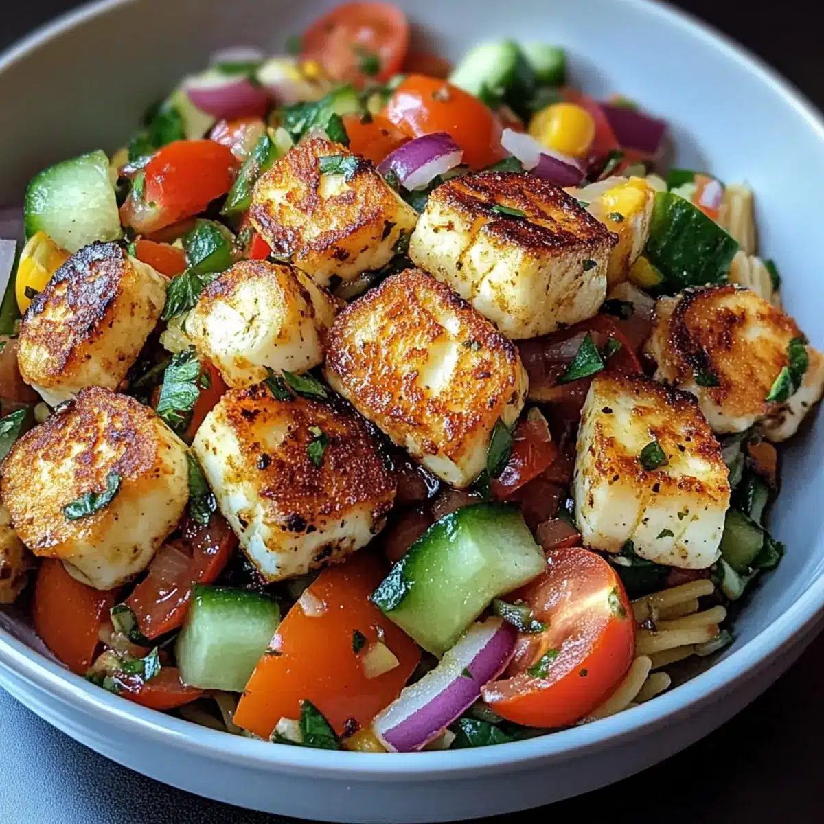 Kritharaki-Salat mit Halloumi-Croutons
