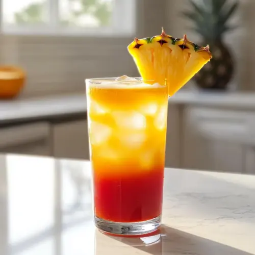 Tropen Sonnenaufgang Mocktail Rezept Zutaten: - 1 Tasse Ananassaft - 1 Tasse Orangensaft - 1/2 Tasse Grenadinesirup - Eiswürfel - Frische Fruchtstücke zur Dekoration (z. B. Ananas, Orange) Anleitung: 1. Füllen Sie ein Glas mit Eiswürfeln. 2. Gießen Sie den Ananassaft und den Orangensaft hinein. 3. Fügen Sie langsam den Grenadinesirup hinzu, sodass er sich am Boden absetzt. 4. Dekorieren Sie mit frischen Früchten. 5. Servieren und genießen!